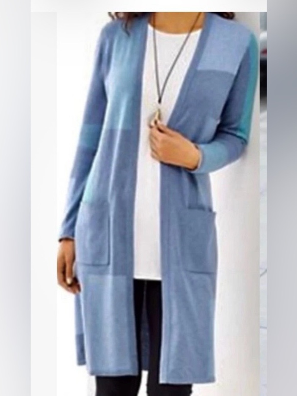 J. Jill Blue Color Block Duster Cardigan‎ Long Sleeves Front Patch Pockets M